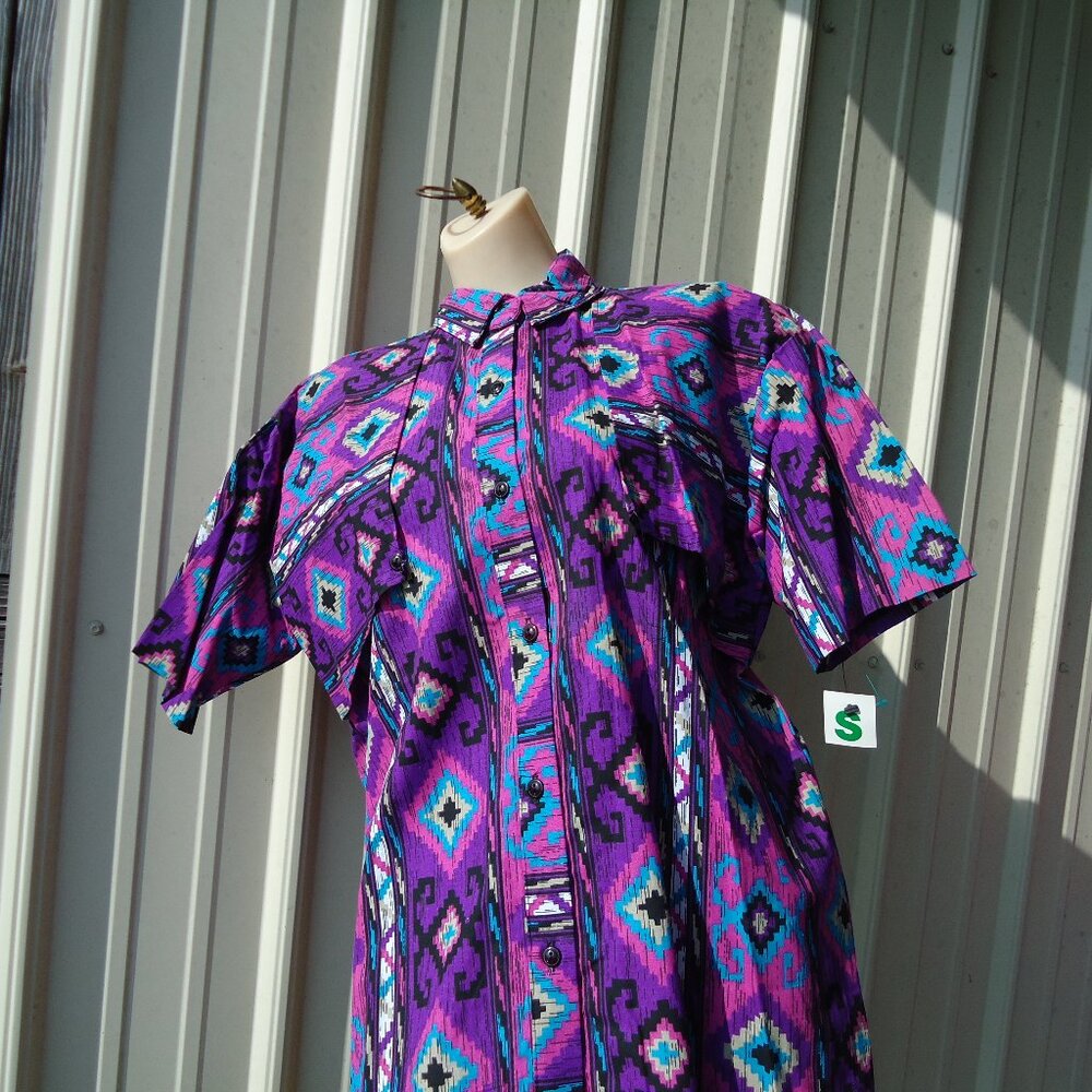NOS Vintage Oldstock Purple Western Cowgirl Blouse Cotton USA Made S Teal AZTEC